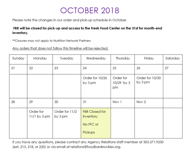 October Programs Newsletter Calendar Agency 2018