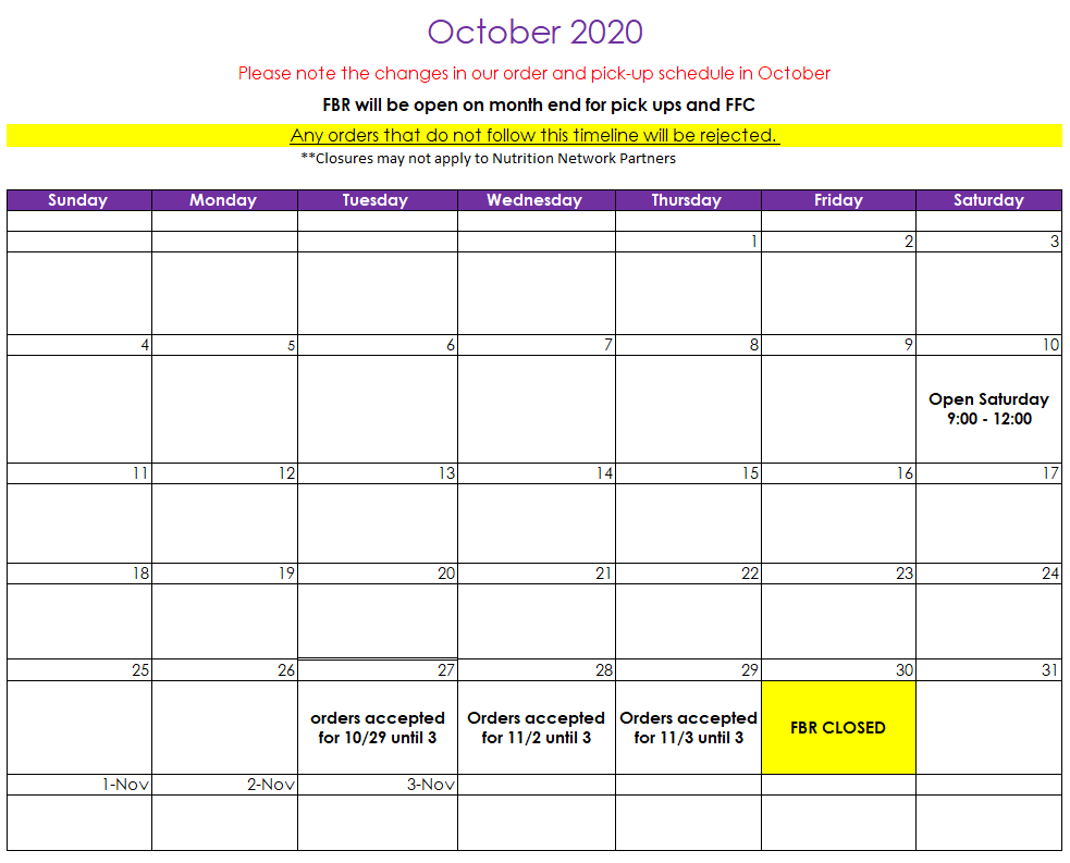 October 2020 Agency Calendar